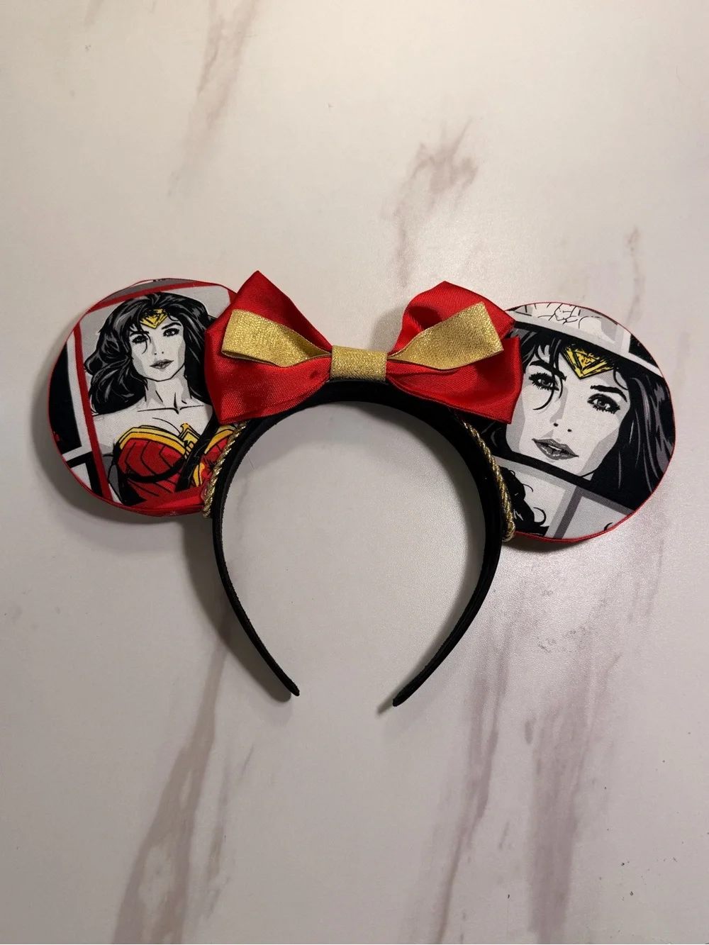 Wonder Woman x Mickey Kids Costume Ear Headband with Red & Gold Bow